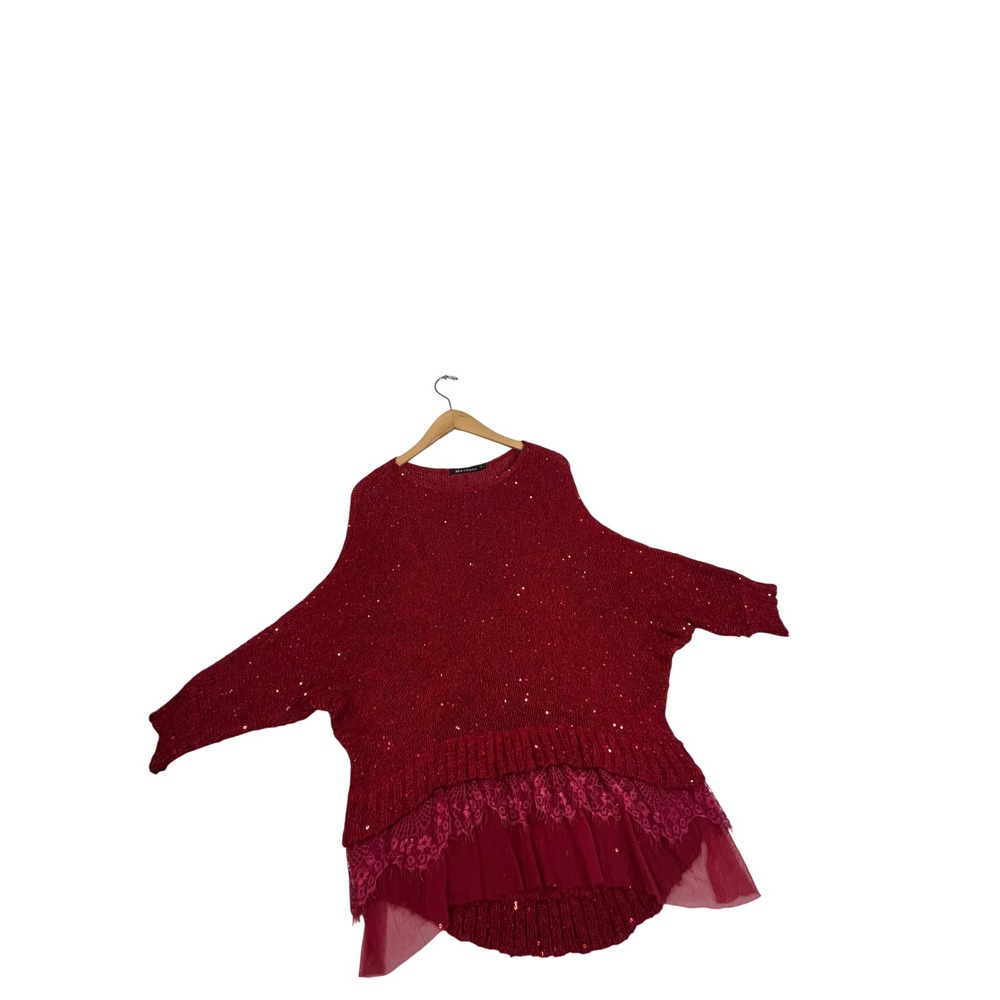 Mechant Red Sequin Wool Blend Dolman Sleeve Sweater Mesh Trim Small